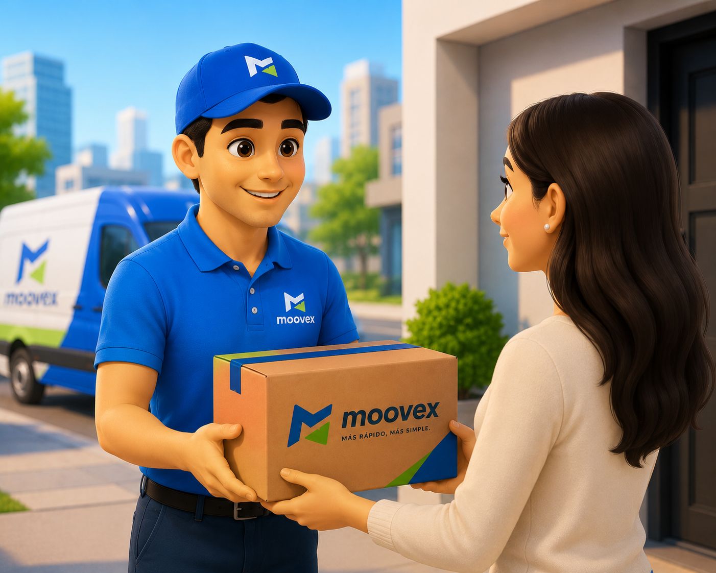 Repartidor de Moovex entregando un paquete en la puerta de un cliente