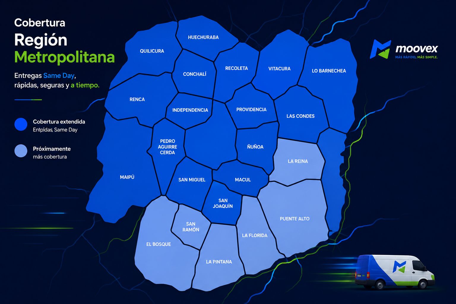 Mapa de cobertura de Moovex en las 36 comunas de la Región Metropolitana